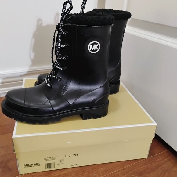 Michael Kors Shoes - Michael Kors MK Black Leather-Look Shearling-Lined Combat Boots